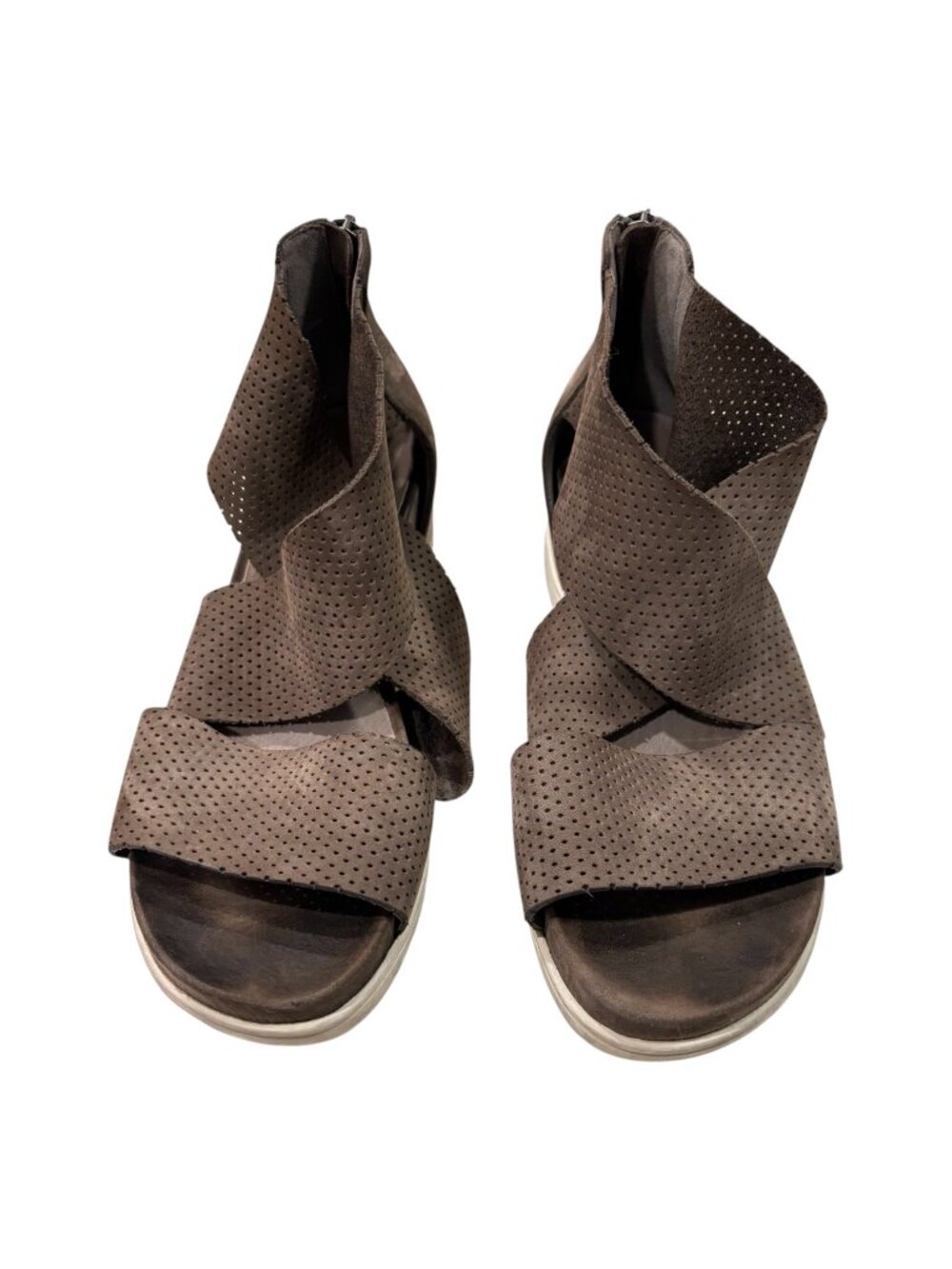 Eileen Fisher Willow Wedge Sandals 8.5 Brown Taupe Perforated Leather Back Zip